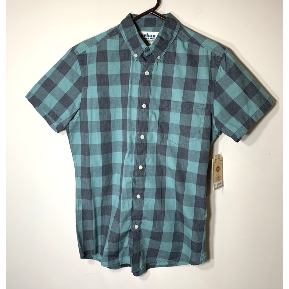 NEW -Urban Pipeline Shirt Mens Small Green Buffalo Check Short Sleeve Cotton